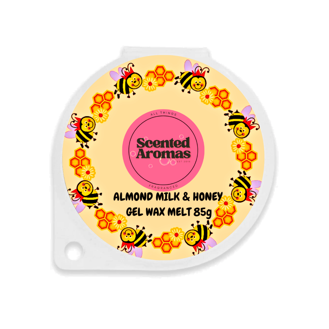 The "Almond Milk and Honey Gel Wax Melts 85g" by Scented Aromas features bees and honeycomb designs, offering a luxury fragrance experience. These vegan-friendly melts are designed to enhance your space with their delicate aroma.