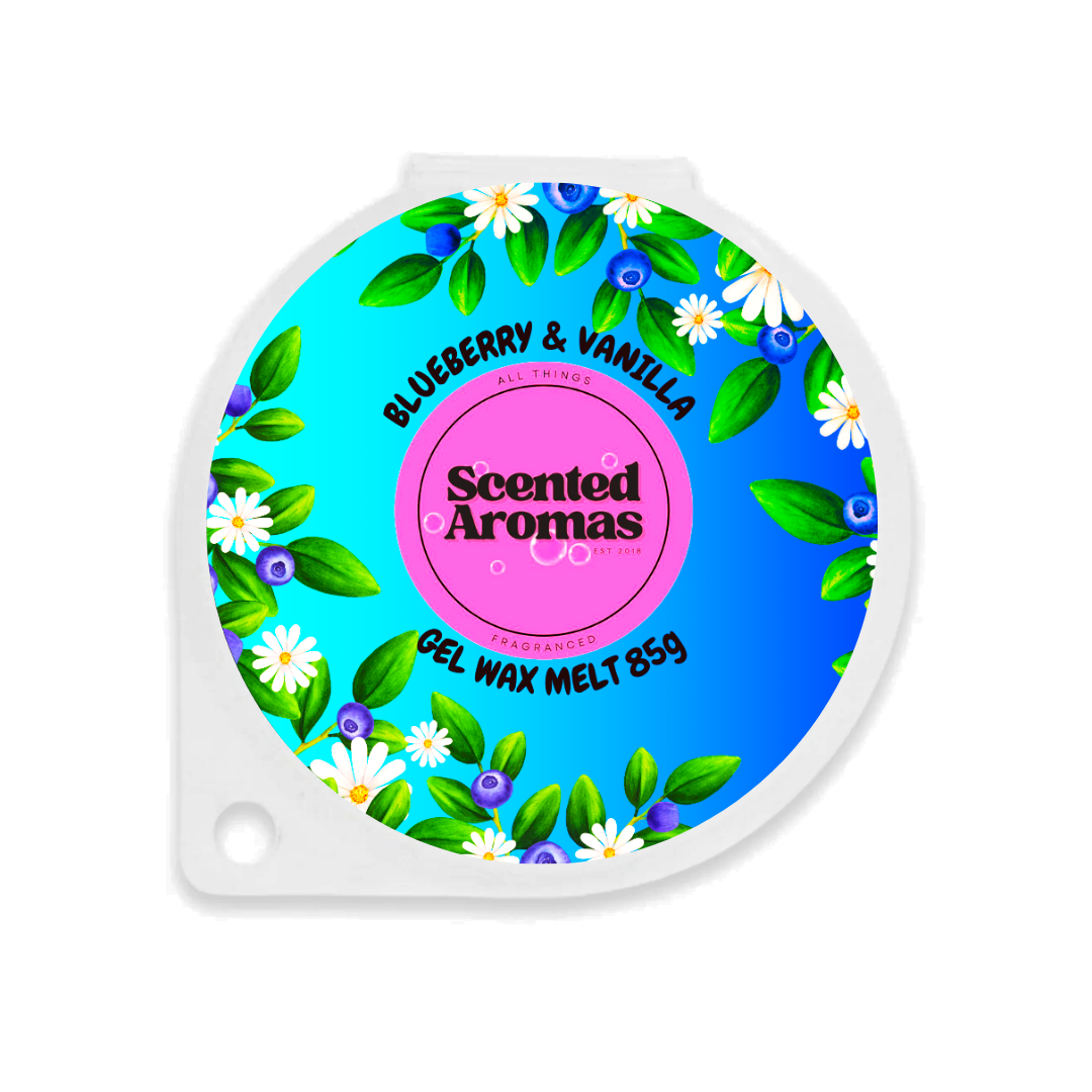 The Soap Gal x presents "Scented Aromas" Blueberry and Vanilla Gel Wax Melts (85g), with packaging illustrated with blueberries and flowers. Enjoy the rich, long-lasting aroma of blueberry and vanilla for a delightful home experience.