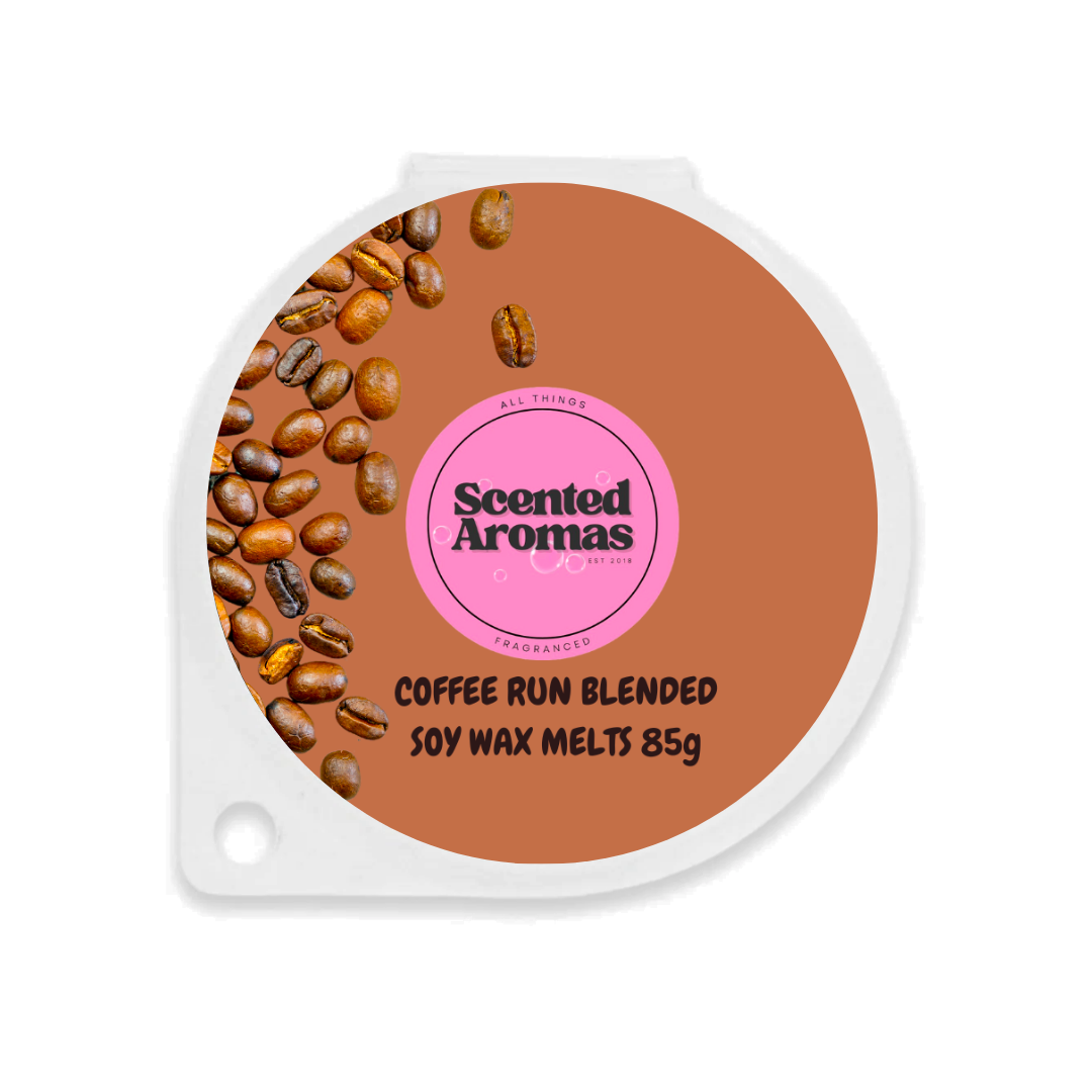 The Morning Coffee Run Wax Melt 85g by The Soap Gal x features coffee bean graphics and circular text on the packaging. This delightful wax melt exudes a soothing caramel fragrance, encapsulating the essence of your favorite morning brew.