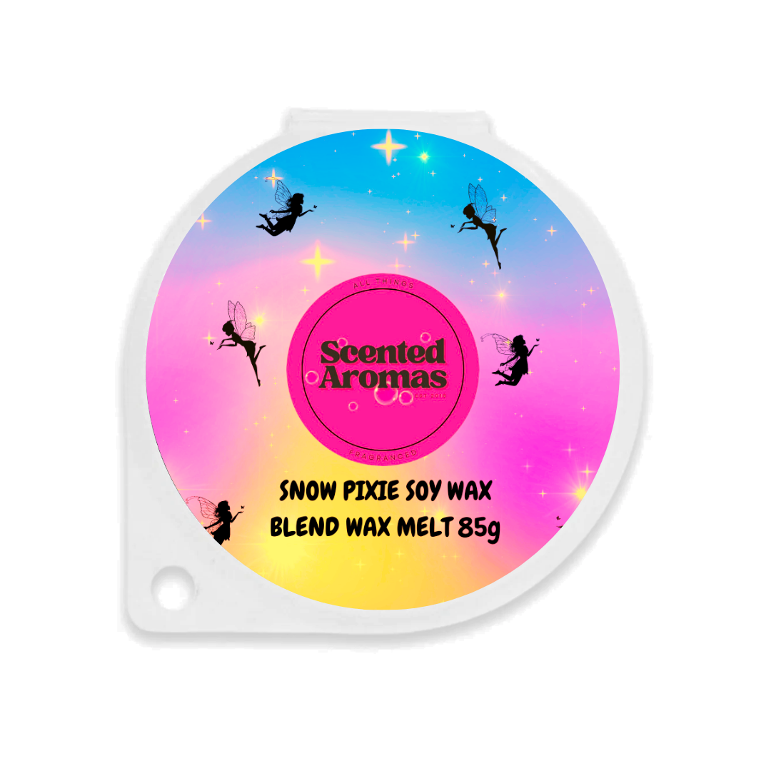 The Soap Gals' circular wax melt packaging showcases fairy silhouettes on a pink, blue, and yellow gradient background with the text "Snow Pixie Inspired Soy Wax Blend Snap Bar 85g," encapsulating the enchanting essence of Snow Pixie.