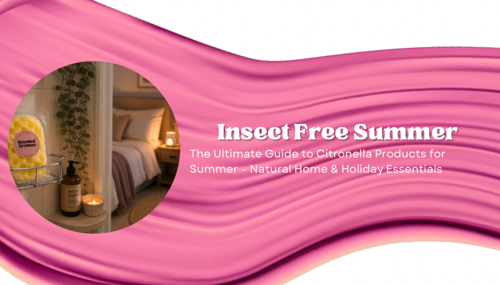 Scented Aromas citronella summer products — soap sponge, wax melts, and mop powder