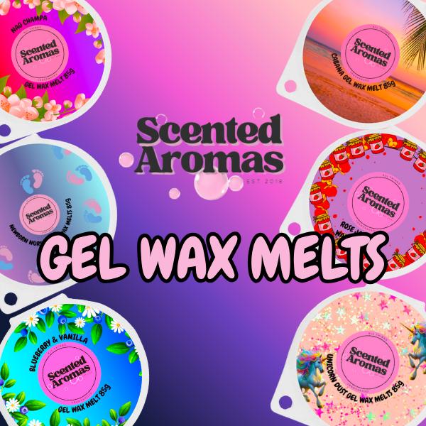 Three circular, segmented wax melts in pink, yellow, and purple hues are displayed on a pink satin fabric, with a hand holding the yellow one in the center.