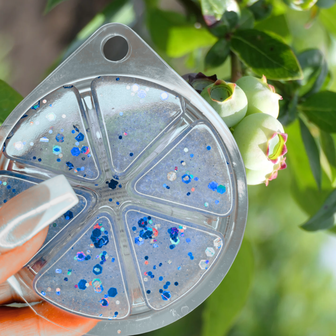A hand holds a circular container with glittery nail art pieces in front of an in-focus blueberry plant, reminiscent of the delicate aromas found in The Soap Gal x's Blueberry and Vanilla Gel Wax Melts 85g.
