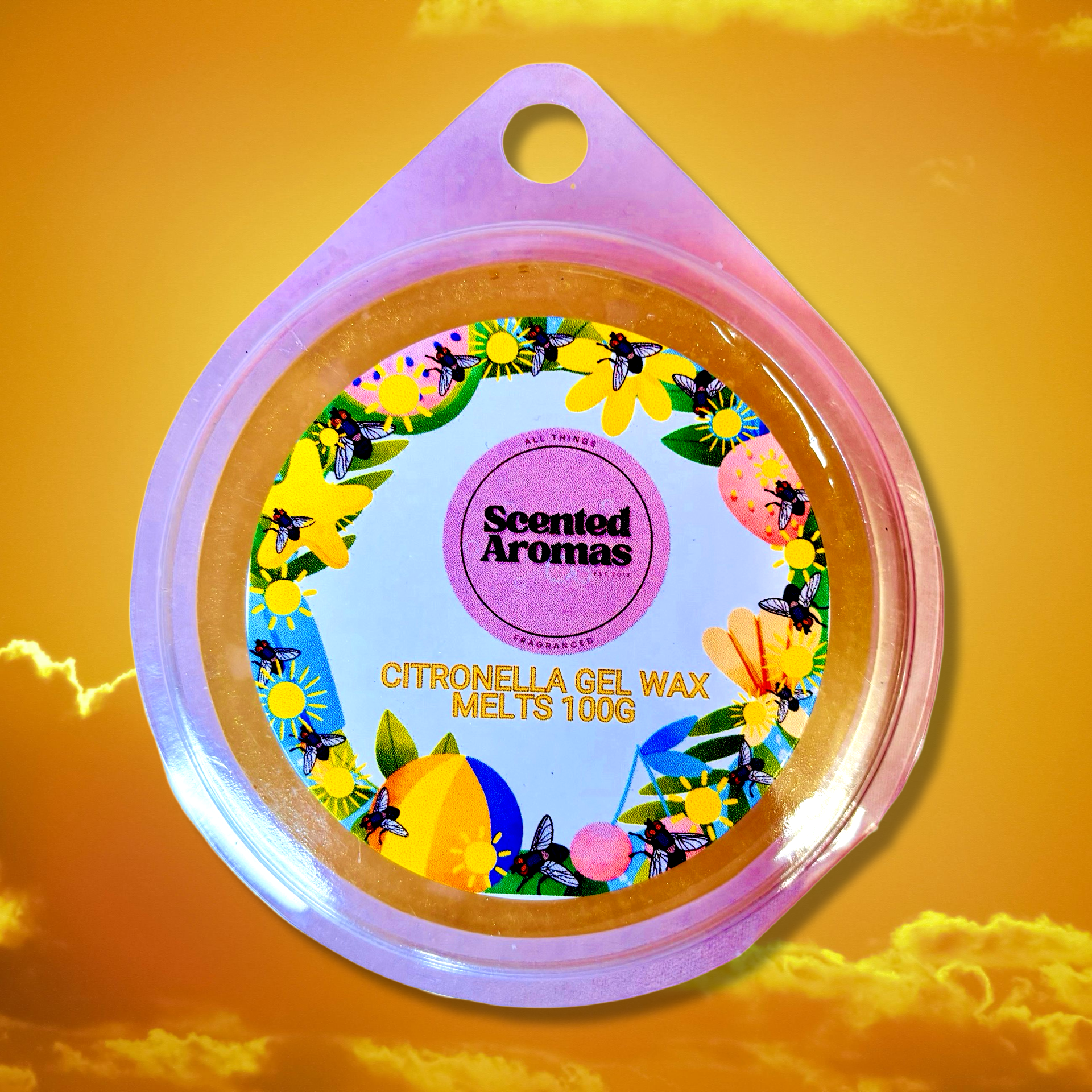 The Soap Gal x offers "Citronella Bug Repellent Gel Wax Melts," a round container of gel wax melts infused with essential oils, featuring colorful floral and bee designs against a sunset sky background for an effective and beautiful mosquito repellent.