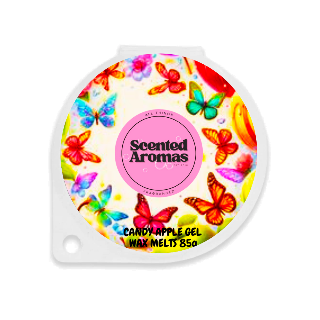 Round package of The Soap Gal x's Frosted Candy Apple Gel Wax Melts, 85g, featuring vibrant butterflies and flowers on the label.