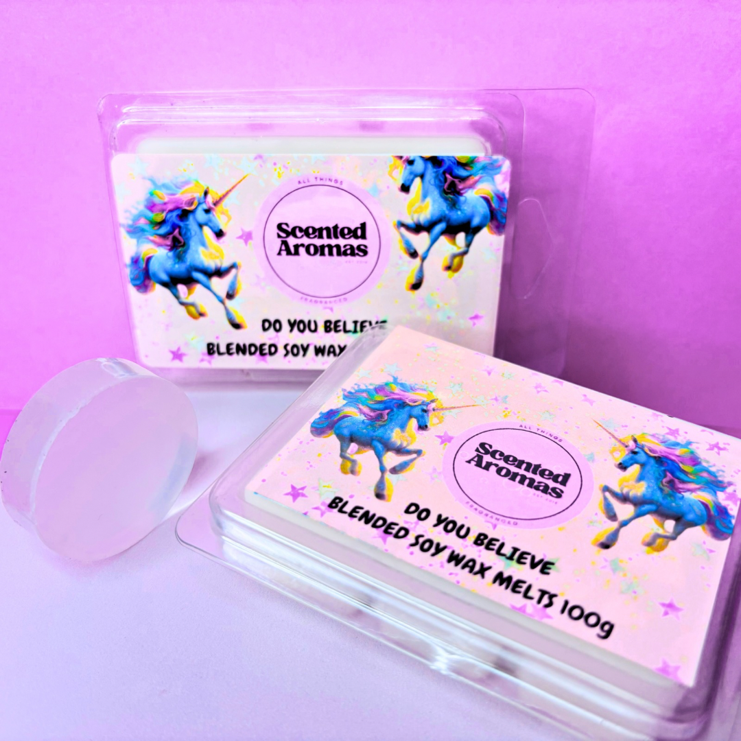 Two "Do You Believe In Magic?" wax melt packs by The Soap Gal x feature unicorn art against a pink backdrop and include the UK's strongest scented melts.