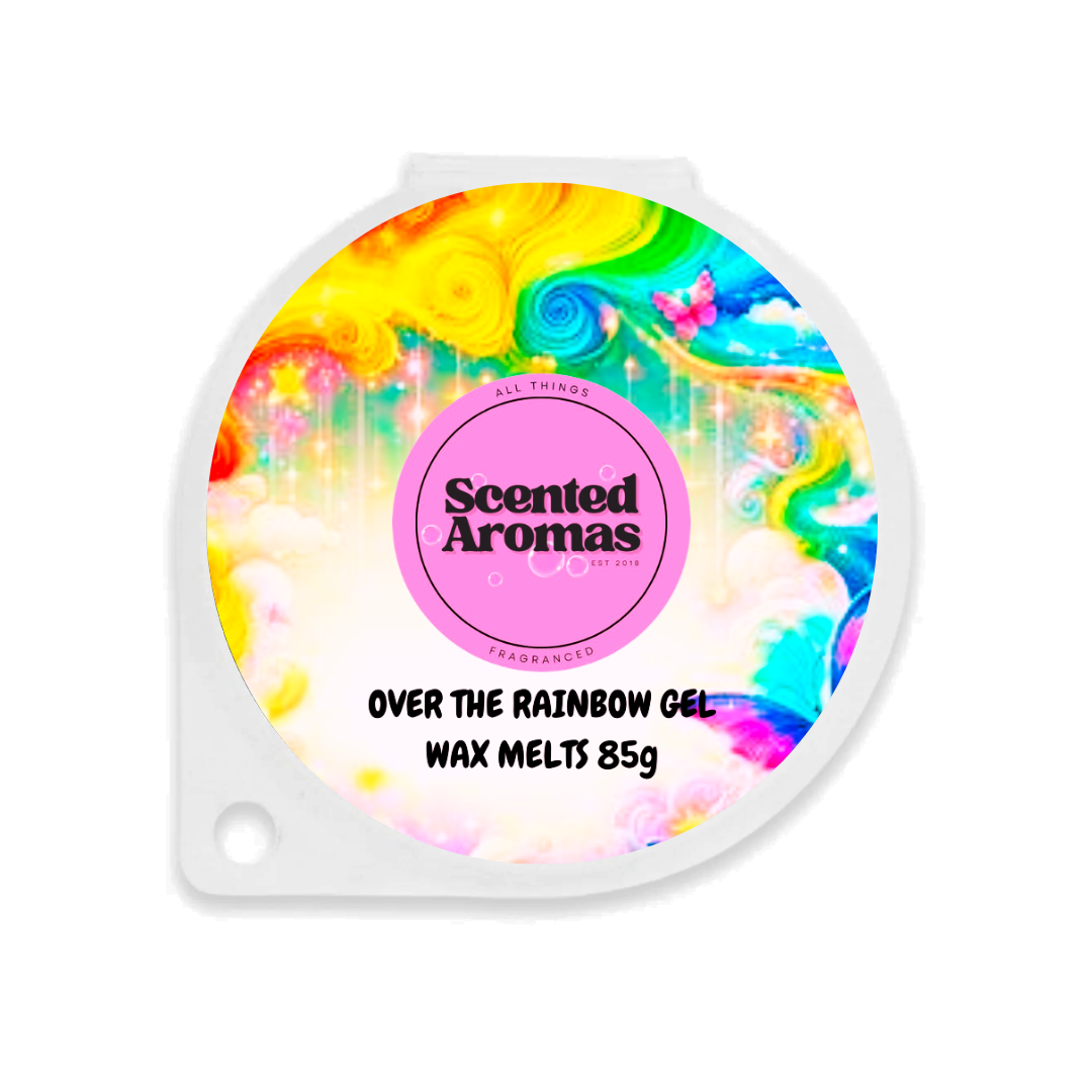 The Soap Gal x presents its Over The Rainbow Gel Wax Melt 85g in colorful packaging adorned with vibrant swirls and clouds. A central pink circle displays "Scented Aromas," offering a long-lasting fragrance inspired by Over the Rainbow.