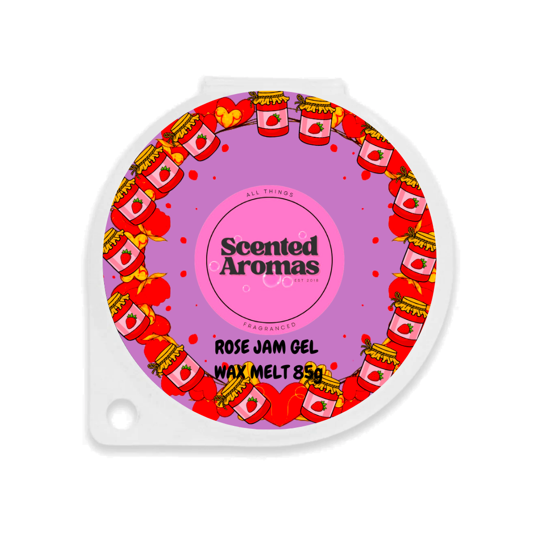 The Soap Gal x's Rose Jam Gel Wax Melts 85g features pink packaging with jam jar illustrations, offering a delicate floral scent. Handmade in Manchester, this beautifully designed product encapsulates the essence of a blooming rose garden.