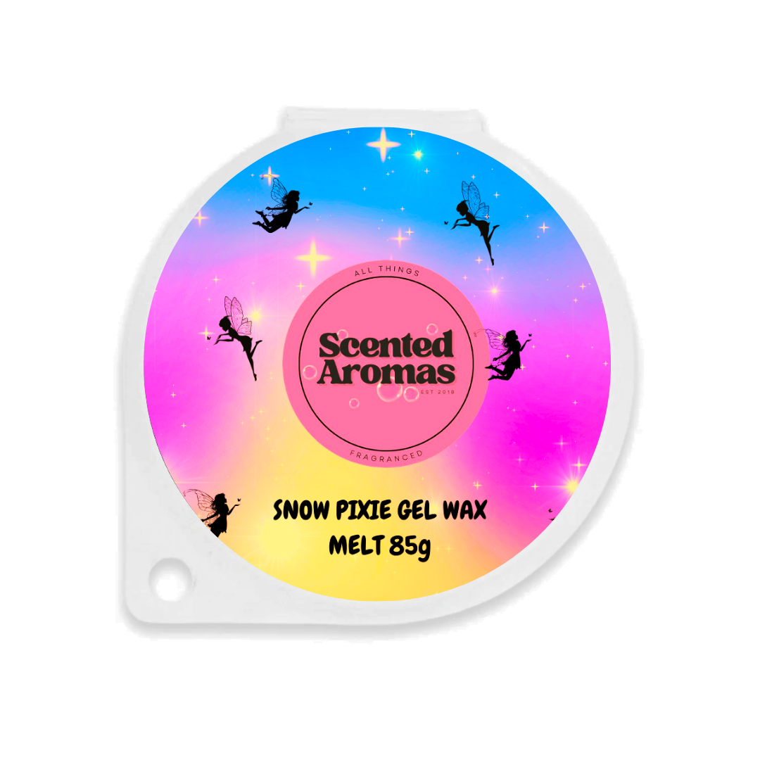 A round container from The Soap Gal x, labeled "Scented Aromas," showcases a blue, pink, and yellow gradient with fairy silhouettes. It reads "Snow Pixie Gel Wax Melts 85g." Handmade in Manchester, it promises to enchant your space with magical fragrance.
