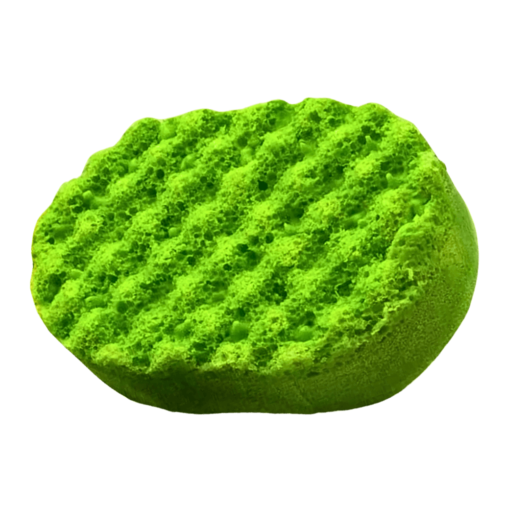 A bright green vegan sponge with an oval shape and a grooved surface, offering the added benefit of being SLS-free, The Soap Gal x Tea Tree Insect Repellent Soap Sponge.