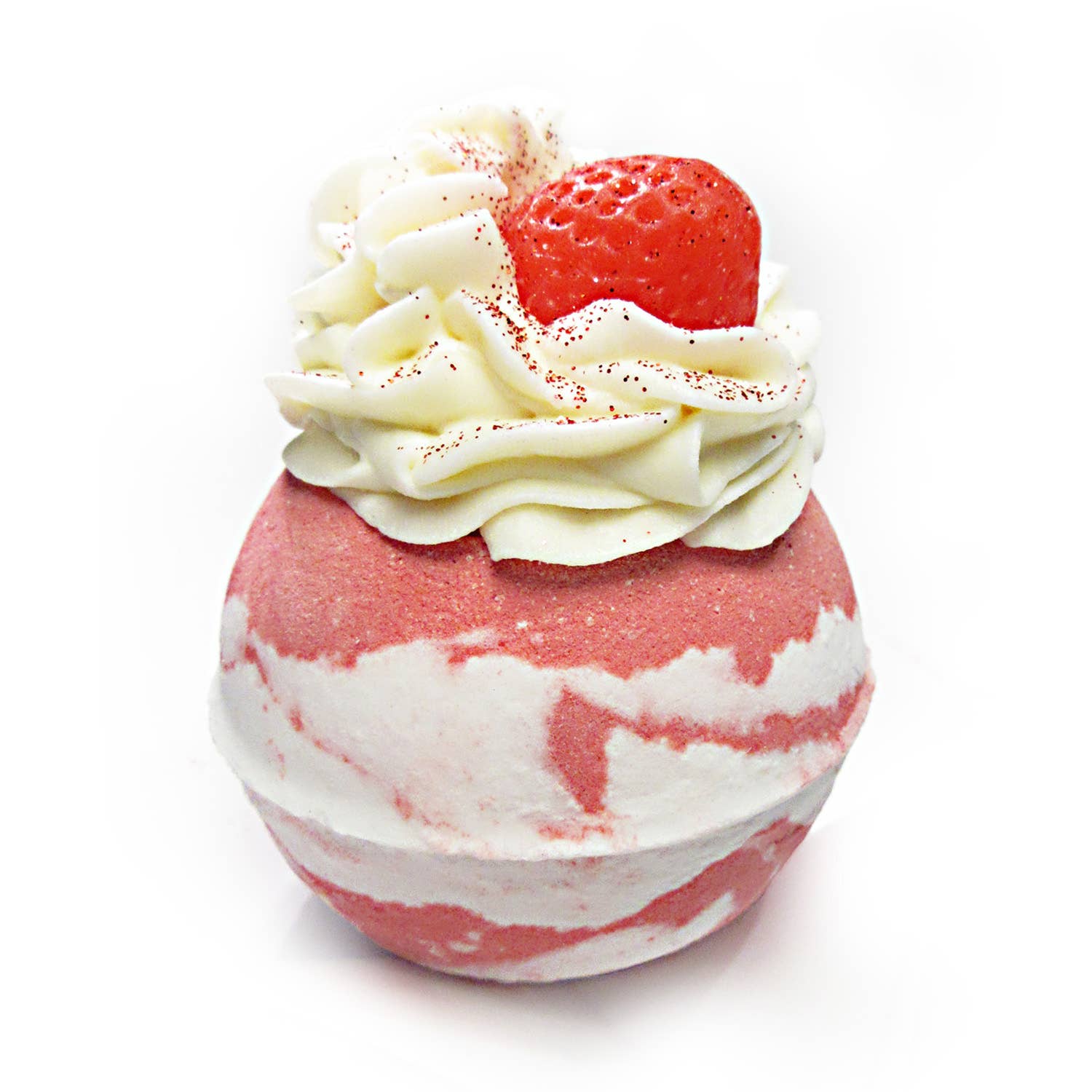 The Strawberry Prosecco Cocoa Shea Butter Bath Bomb by Scented Aromas is a delightful red and white creation, resembling a cupcake complete with creamy white frosting and topped with a sparkly bio glitter strawberry. Infused with shea butter, it offers a luxurious bathing experience.