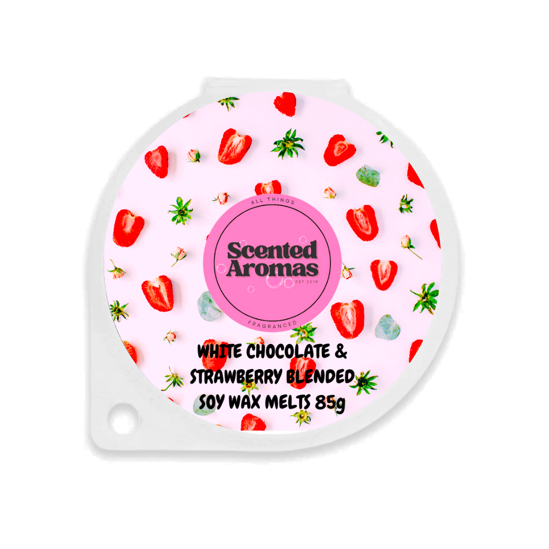 Round 85g container of soy wax melts by The Soap Gal x, named "White Chocolate Covered Strawberries," adorned with images of chocolate-covered strawberries and sweets on the lid, featuring an enticing aroma from premium fragrance oils.