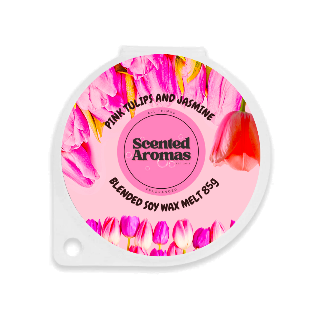 Pink round soy wax melt label featuring The Soap Gal x "Pink Tulip and Jasmine" design. This 85g handmade creation adds a fragrant touch to any space.