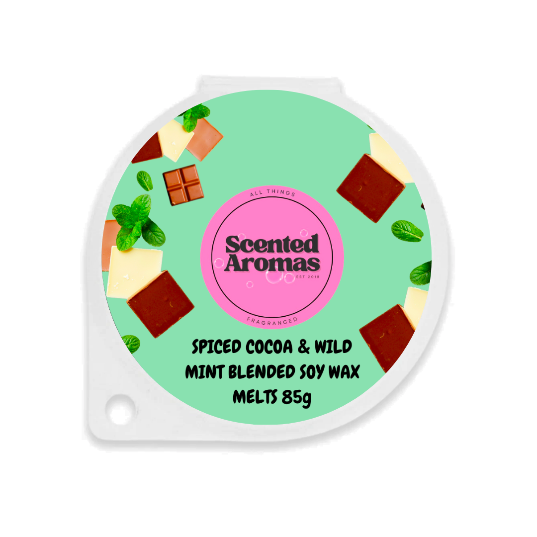 Mint green packaging with chocolate images encases our unique soy wax blend. Text reads: "Scented Aromas. Spiced Cocoa and Wild Mint Wax Melts 85g by The Soap Gal x.