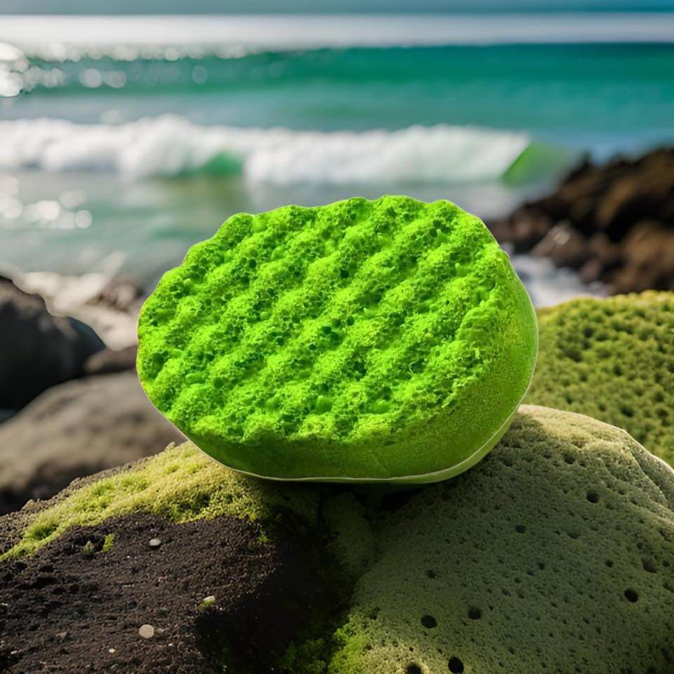 A bright green, textured Tea Tree Insect Repellent Soap Sponge by The Soap Gal x rests on rocks by the ocean, with waves and a clear blue sky in the background.